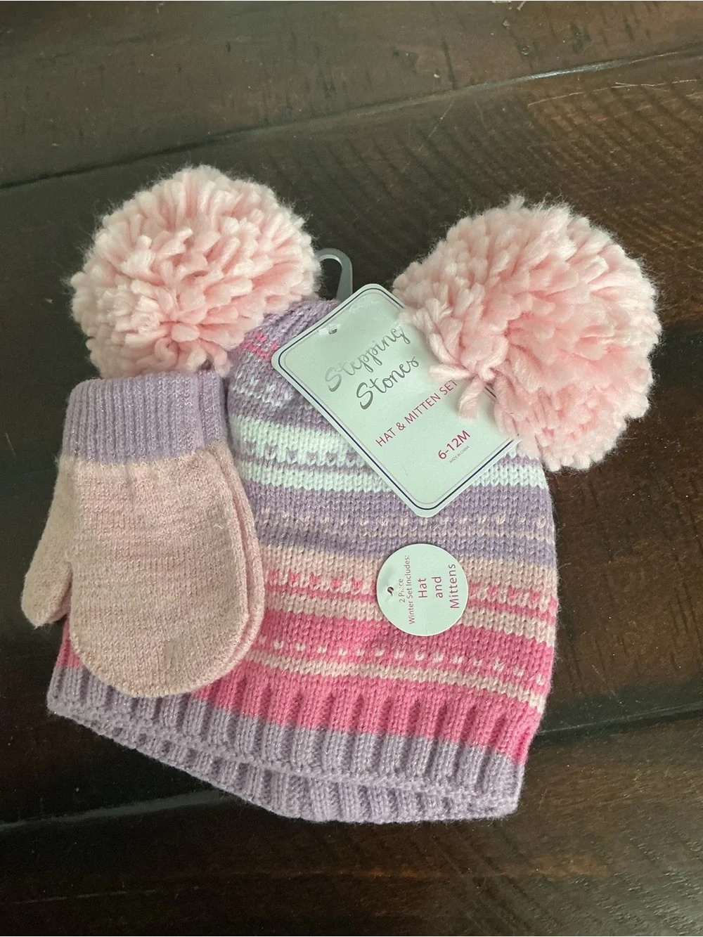 NWT Stepping Stones Pink & Purple Hat and Mitten Set with Pom Poms Size 6-12 M